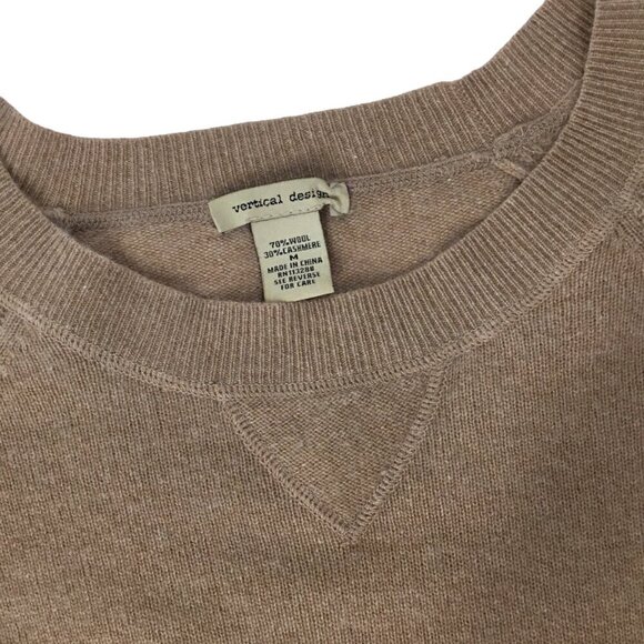 Vertical Design Cashmere Wool Blend Sweater Long Sleeve Beige Size M Elbow Patch - Picture 6 of 8